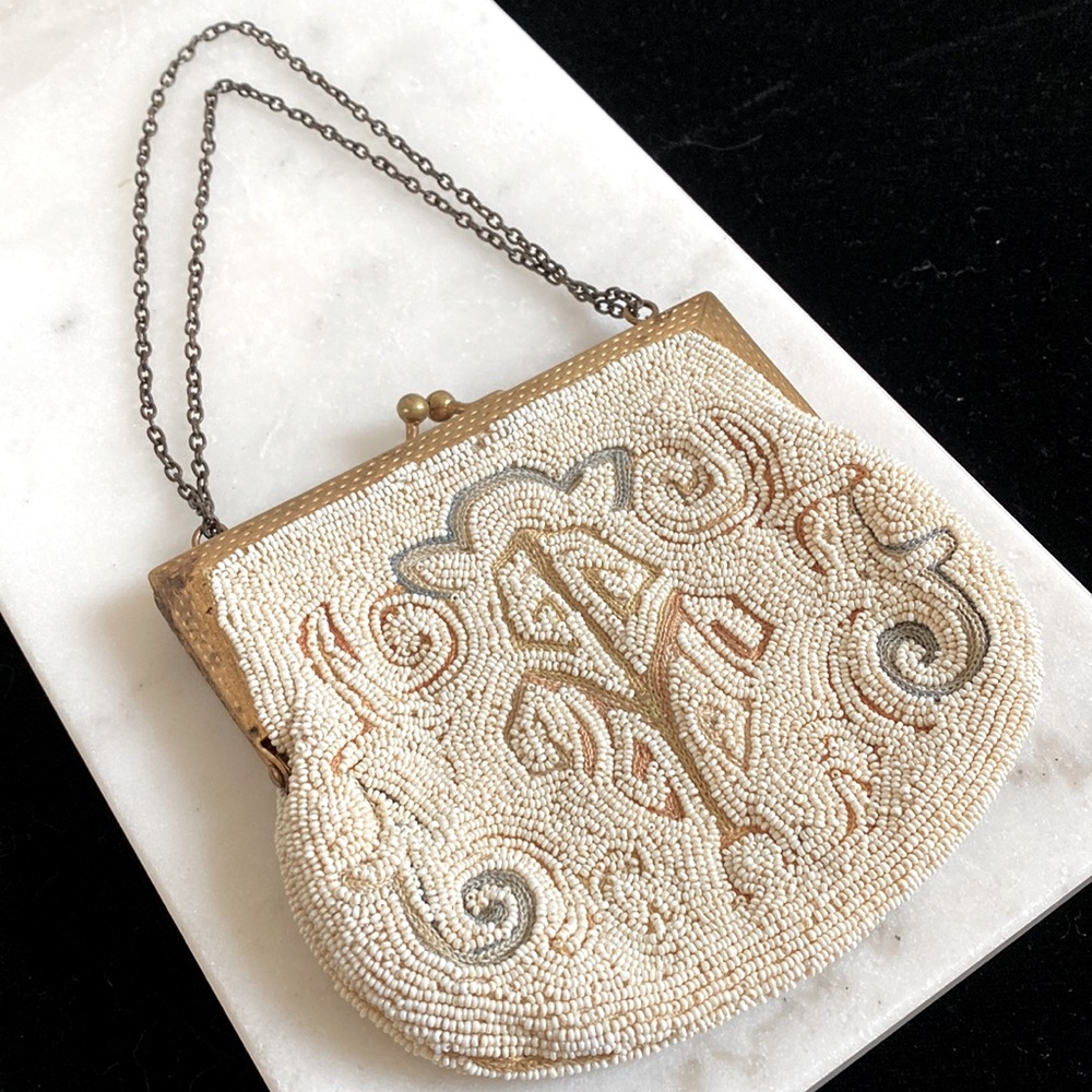 Antique cream beaded Evening Handbag chain Early 20th Century